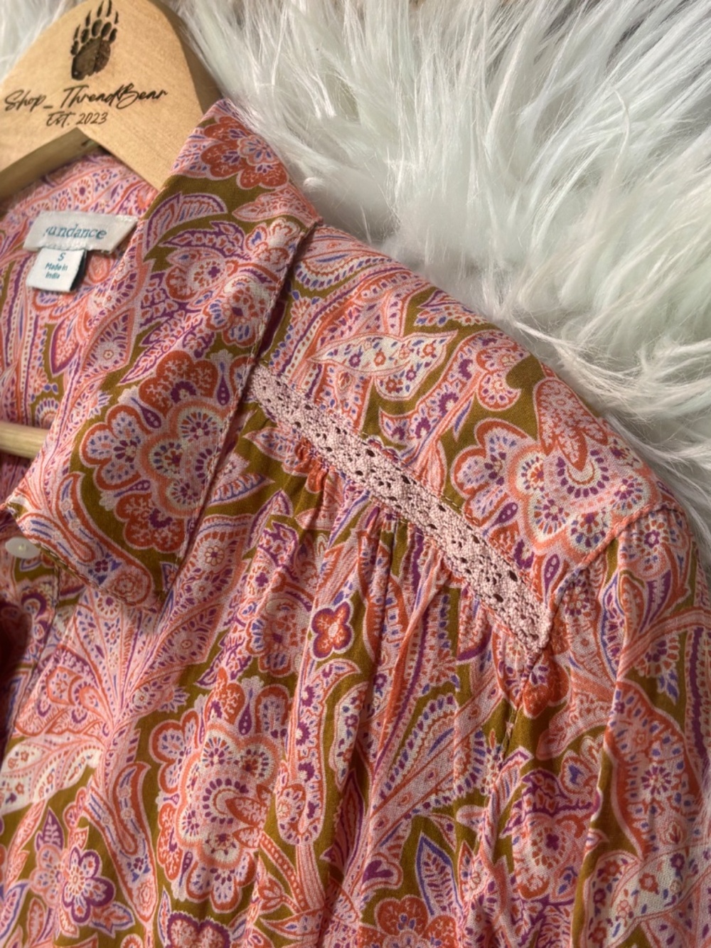 EUC [Sundance] Popover Pink Orange Floral Long Sleeve Collar Shirt Top | Small - Picture 7 of 14